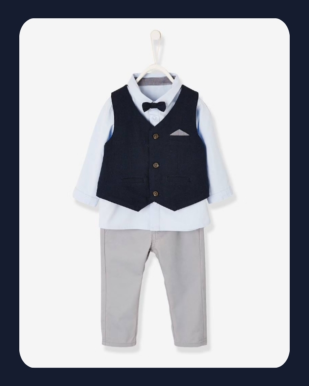 Festliches Jungen Baby-Set: Hemd, Hose, Weste & Fliege Oeko-Tex, Bundweite verstellbar - blau/nachtblau/grau